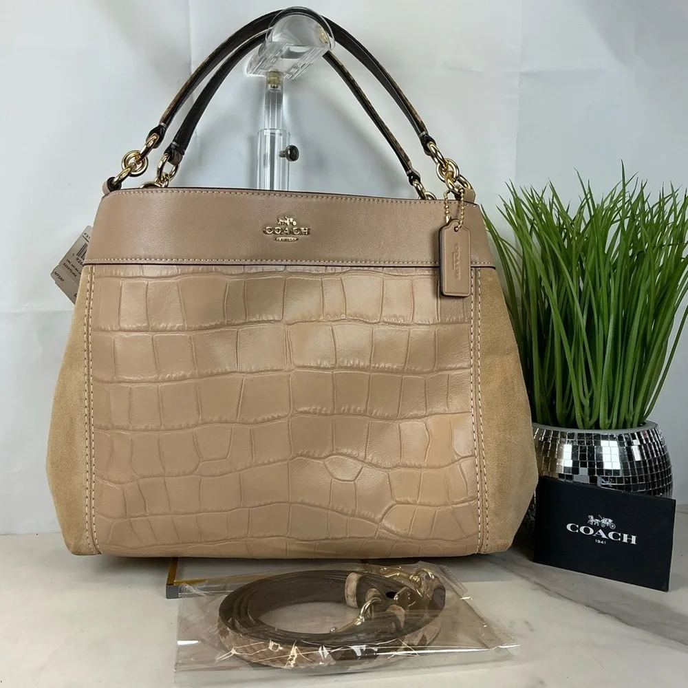 Coach Lexy Beechwood Beige Croc-Embossed‎ Suede Shoulder Hand Crossbody Bag NWT